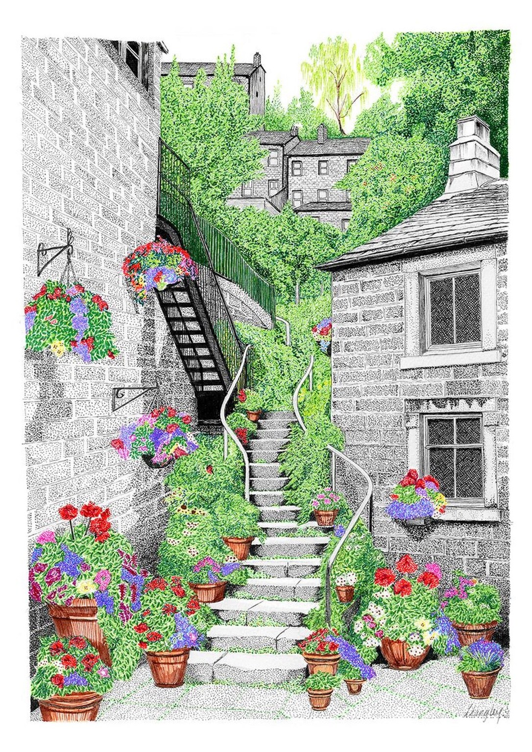 A Climb Through Colour ink and coloured pen stairway drawing by contemporary artist Lea Langley