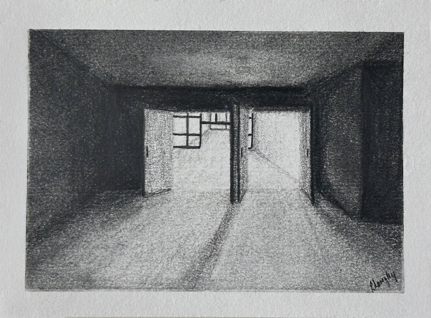 Liminal Space entrance charcoal drawing by Lea Langley exploring transitional space for the Dark Matter installation