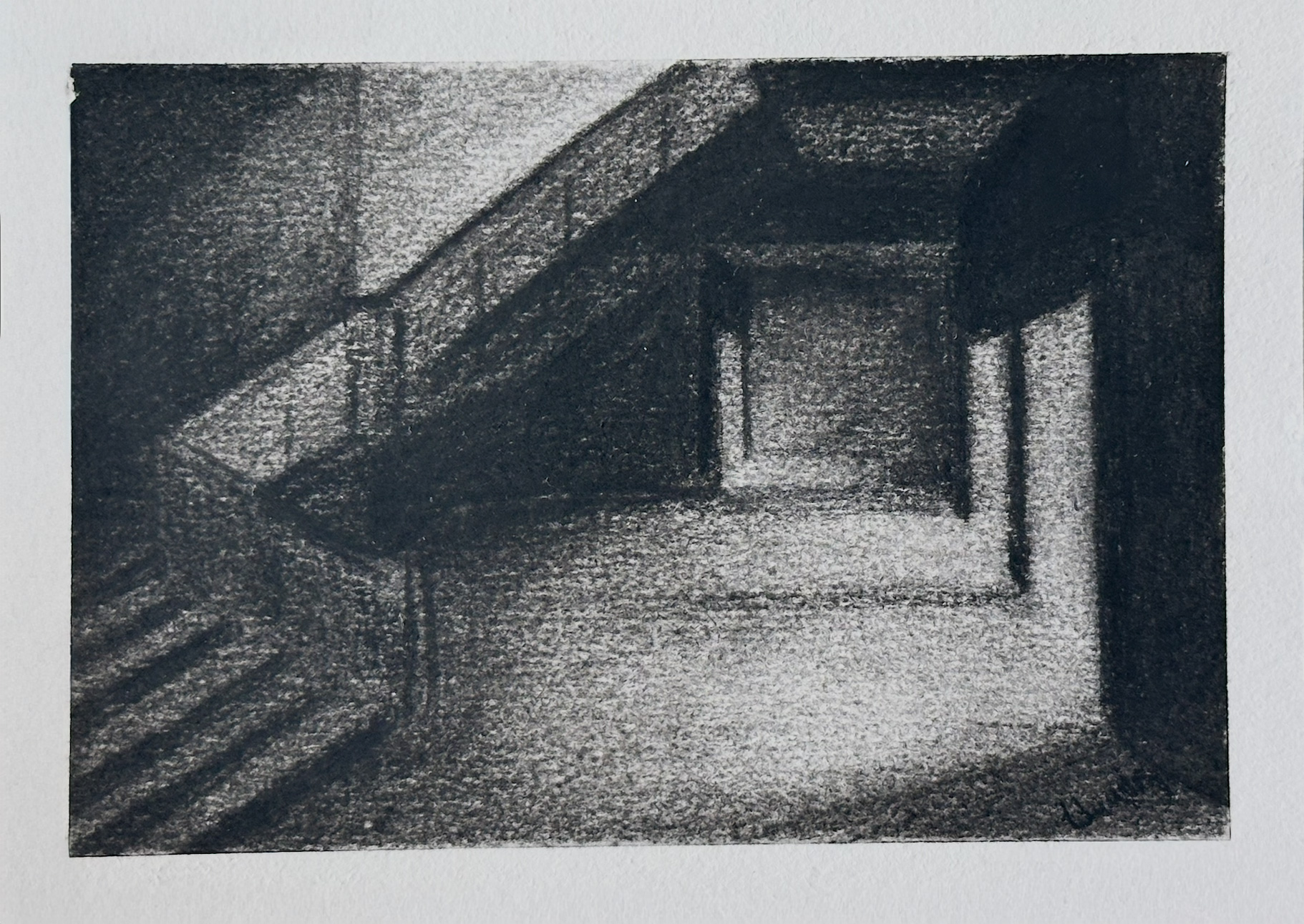 Liminal Space staircase charcoal drawing by Lea Langley exploring transitional space for the Dark Matter installation