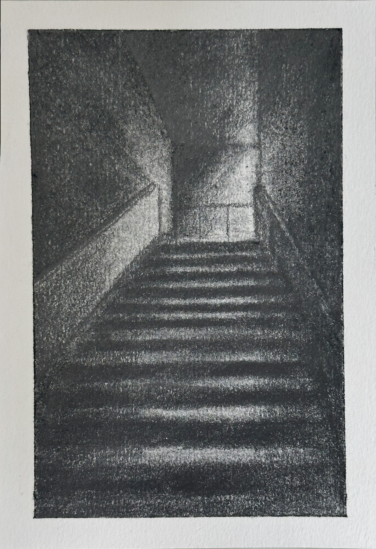 Liminal Space stairway charcoal drawing by Lea Langley exploring transitional space for the Dark Matter installation