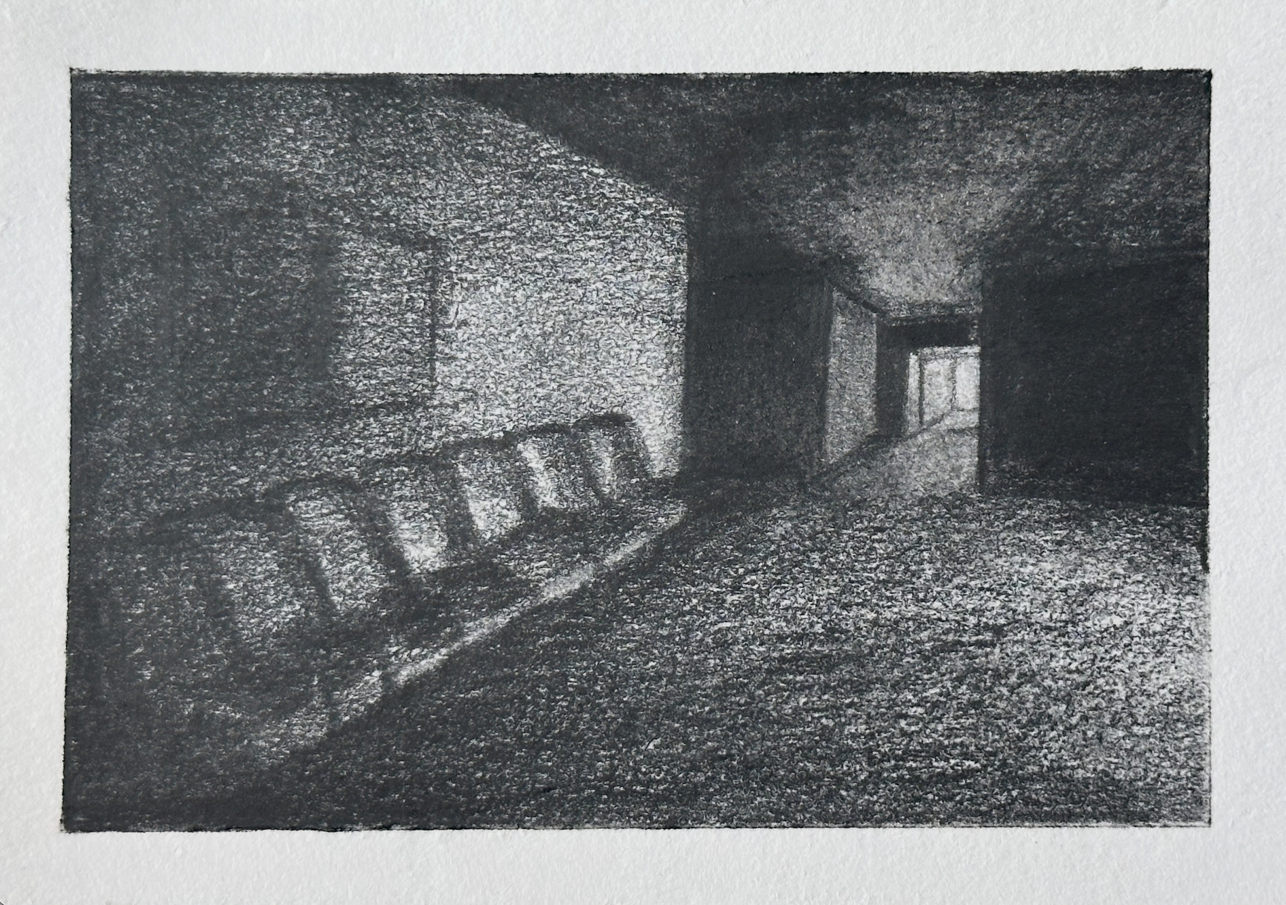 Liminal Space waiting room charcoal drawing by Lea Langley exploring transitional space for the Dark Matter installation