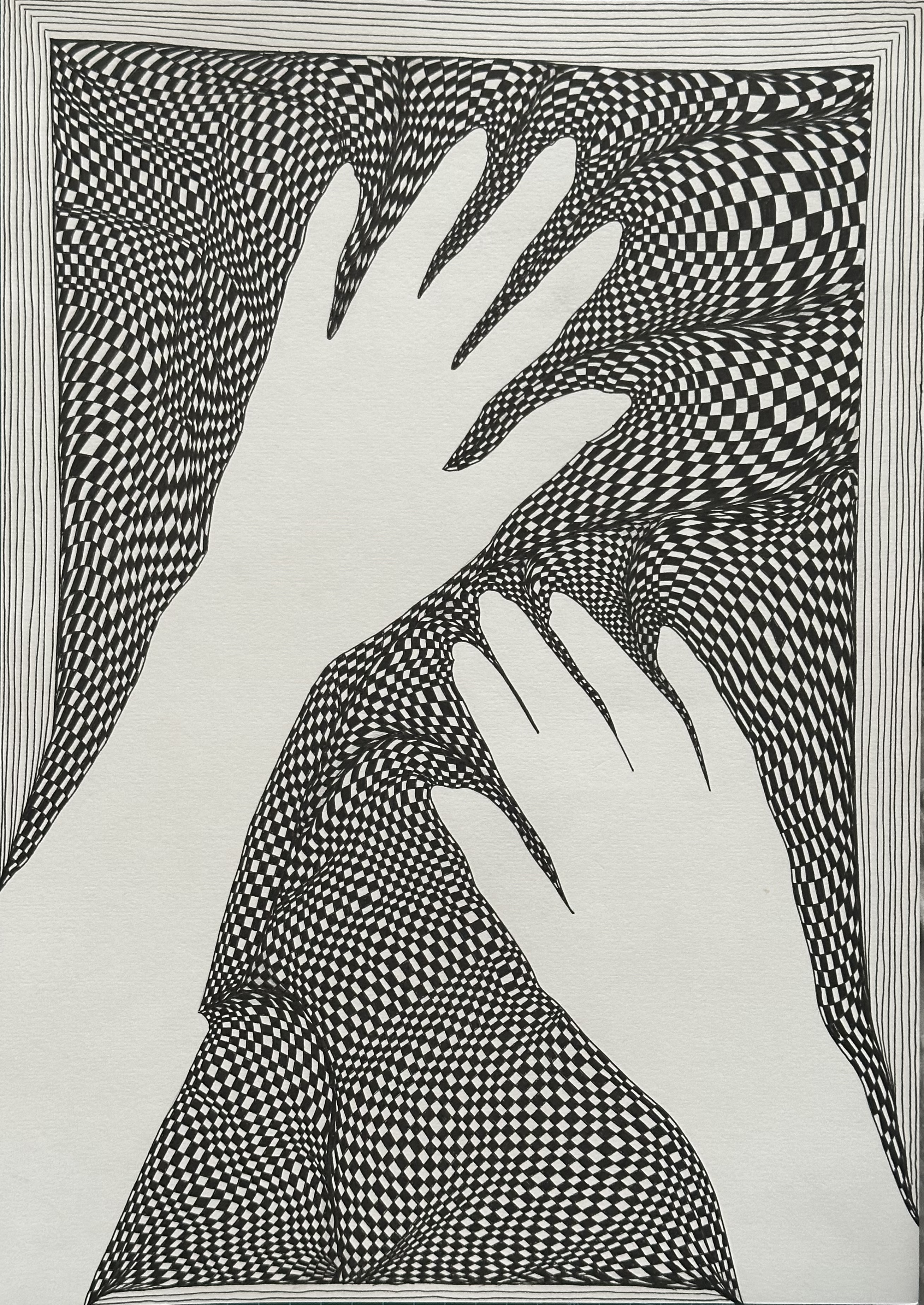 Negative Space hands drawing by Lea Langley exploring negative space for the Dark Matter installation