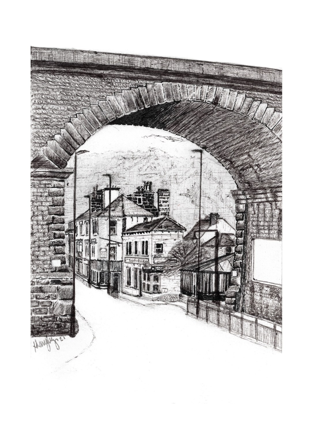 The Arches ink architectural drawing of Todmorden railway arches by contemporary artist Lea Langley