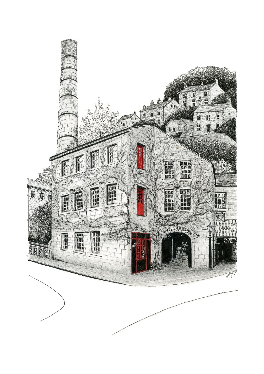 The Mill ink architectural drawing of a historic Todmorden mill by contemporary artist Lea Langley