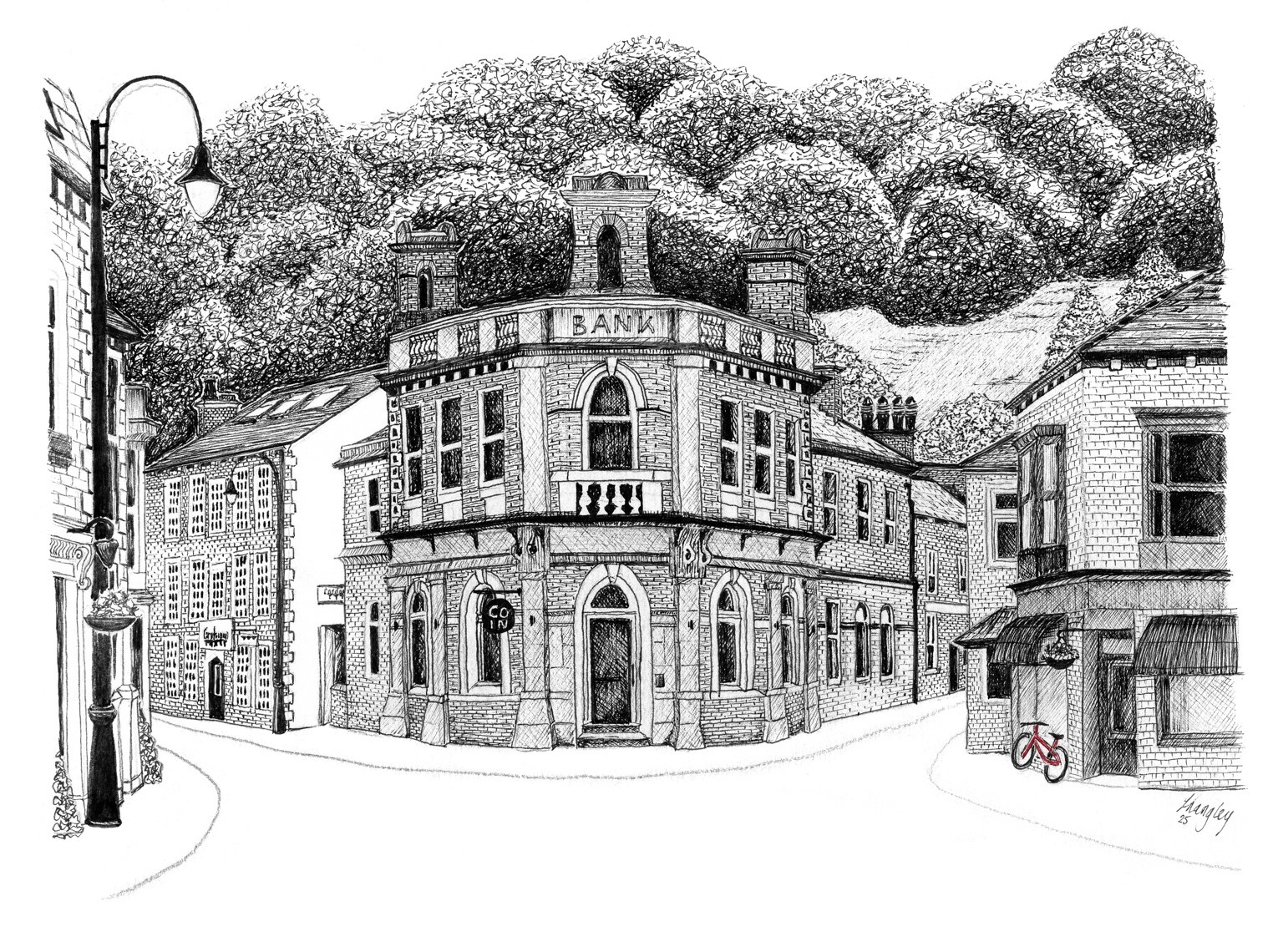 The Old Bank ink architectural drawing of a historic Todmorden building by contemporary artist Lea Langley