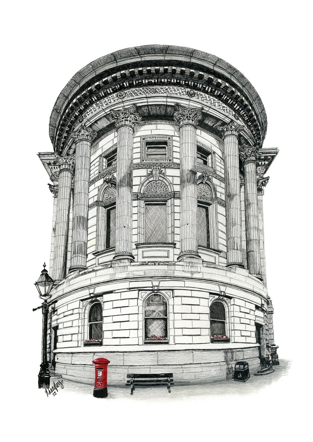 The Town Hall ink architectural drawing of Todmorden Town Hall by contemporary artist Lea Langley