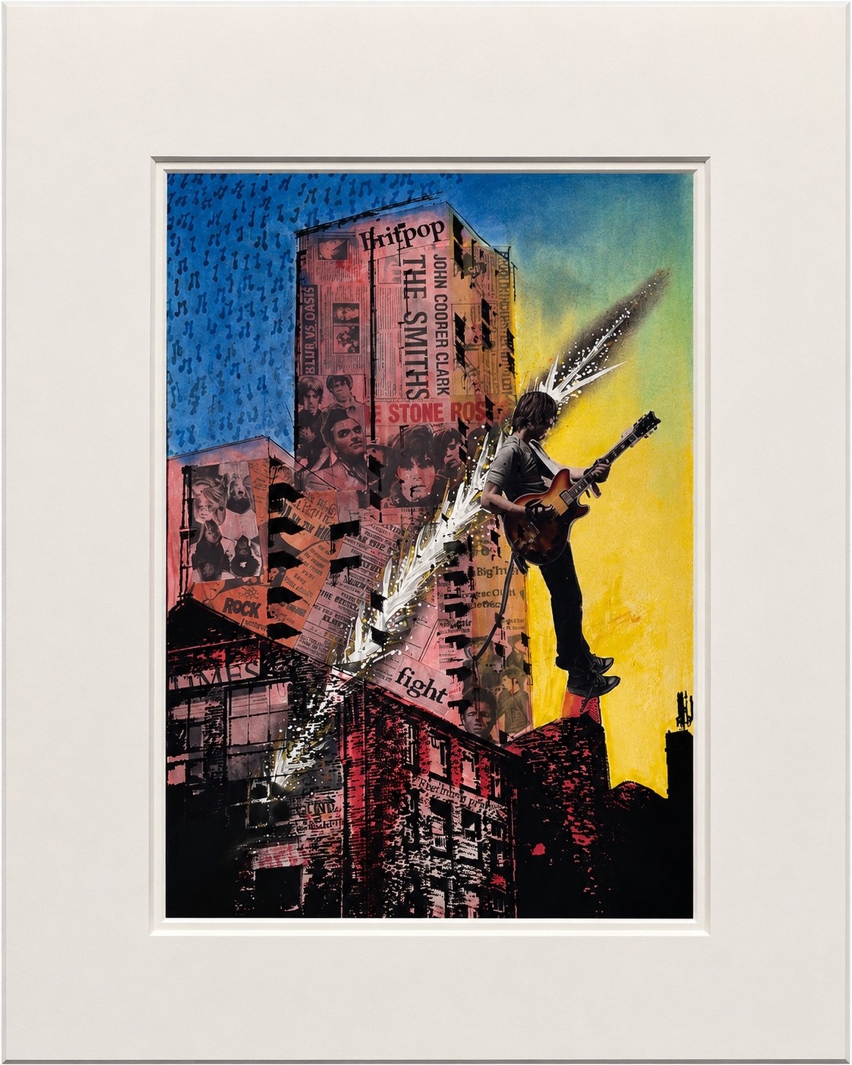 Urban Echoes I Manchester music and architecture mixed media artwork by contemporary artist Lea Langley